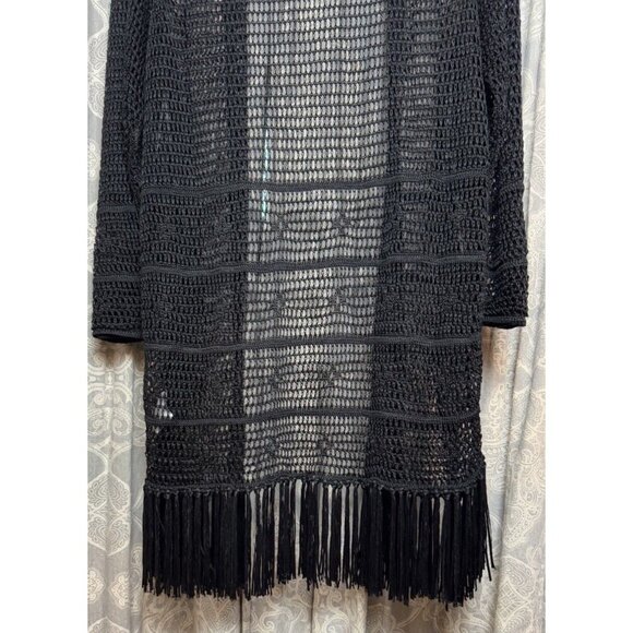 RALPH LAUREN XL Women's Pointelle Knit Linen Blend Cardigan $245 Fringe Black - Picture 14 of 15